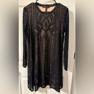 BCBG Maxazria lace overlay long sleeve dress. Size small. Black and tan.